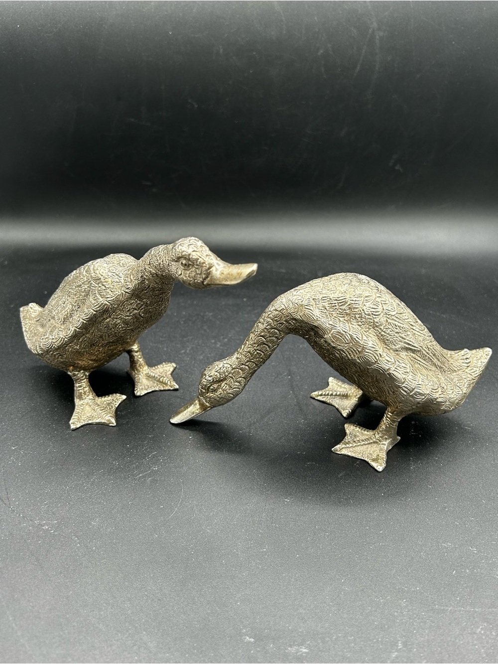 MCM Silver Toned Heavy Duck Figurine Set - Pair of Textured Ducks